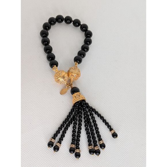 Heidi Daus Jewelry - Heidi Daus for Jim Walters Black Bead Tassel & Rhinestone Bracelet Gold Accents